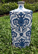 Tall blue scrollwork vase, view 2
