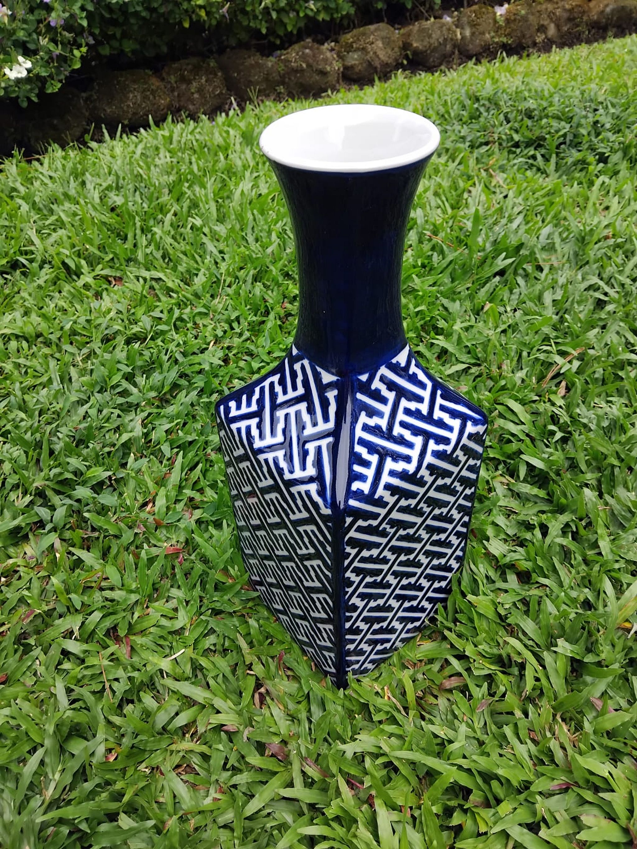 Angular blue geometric vase, view 1